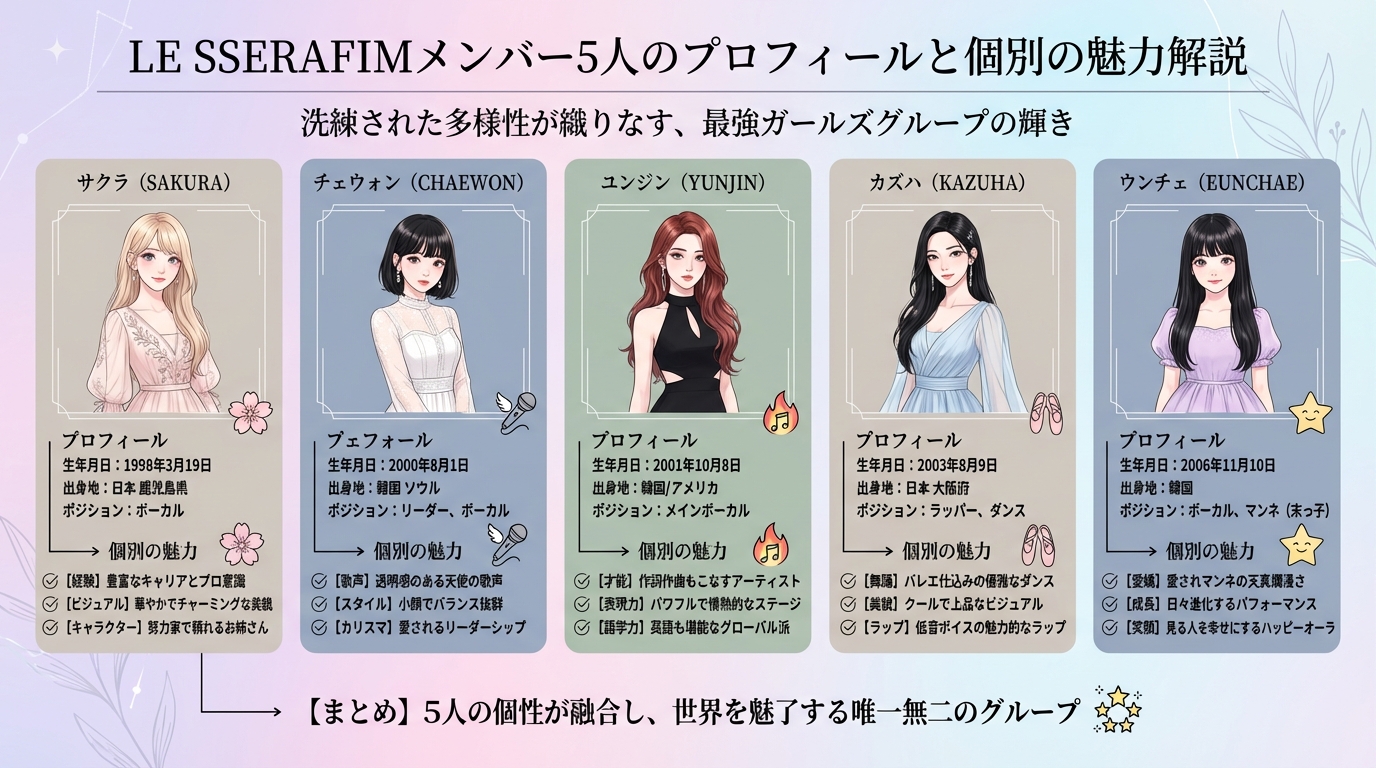 LE SSERAFIMメンバー5人のプロフィールと個別の魅力解説