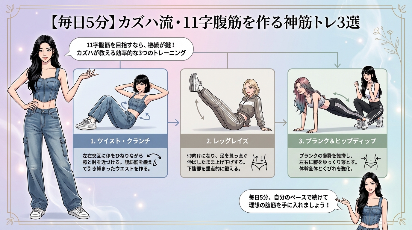 【毎日5分】カズハ流・11字腹筋を作る神筋トレ3選