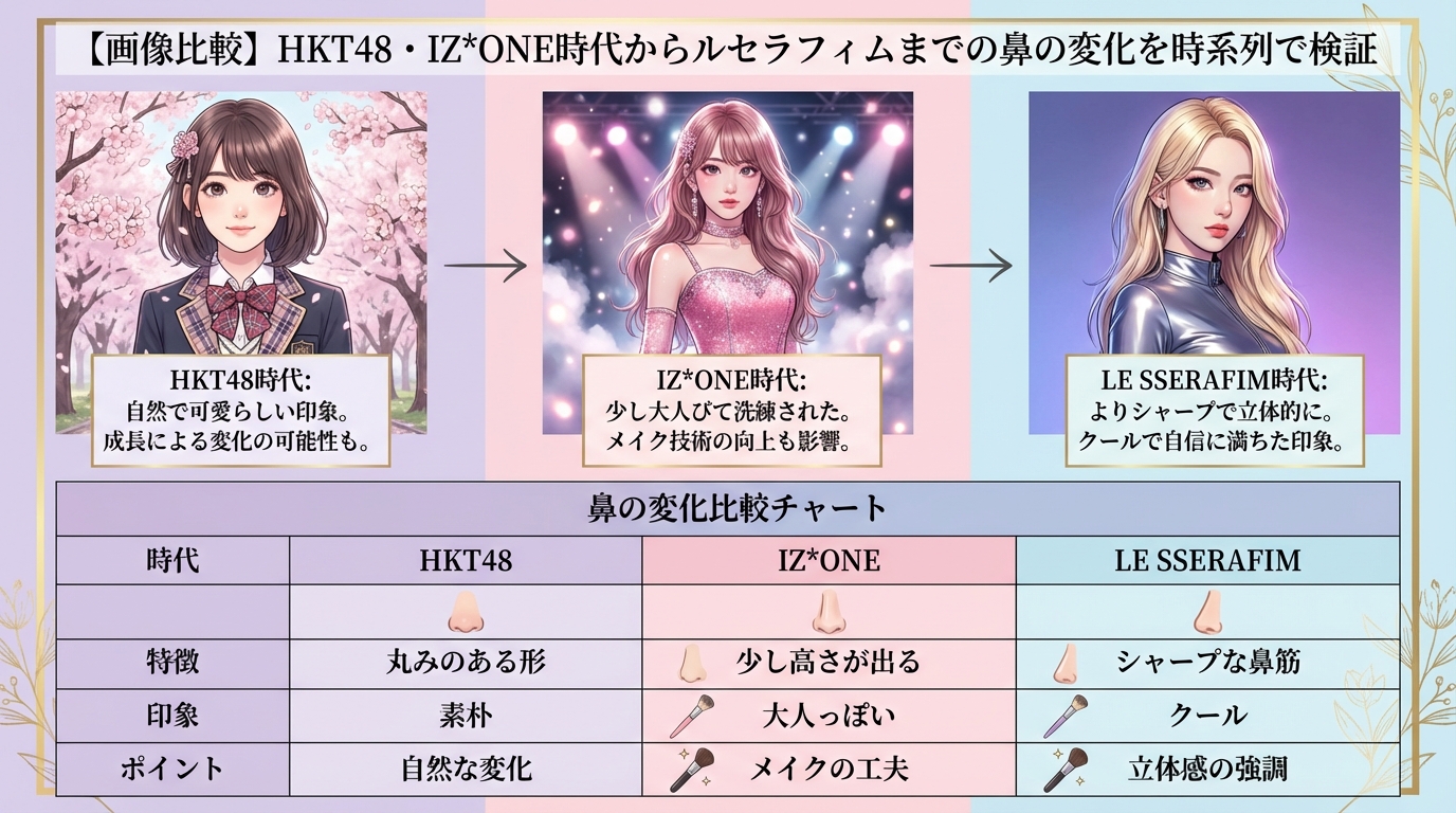 【画像比較】HKT48・IZ*ONE時代からルセラフィムまでの鼻の変化を時系列で検証