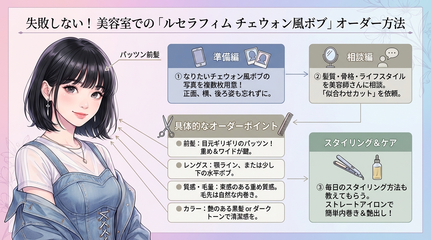 失敗しない！美容室での「ルセラフィム チェウォン風ボブ」オーダー方法