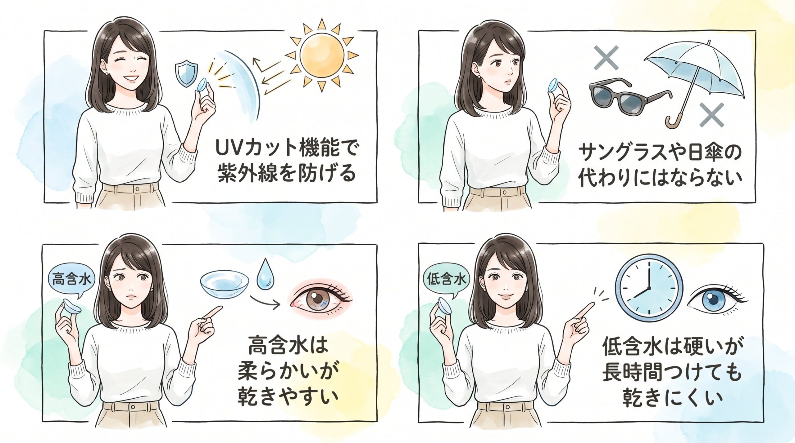 UVカットと含水率で選び分ける基準のイメージ画像